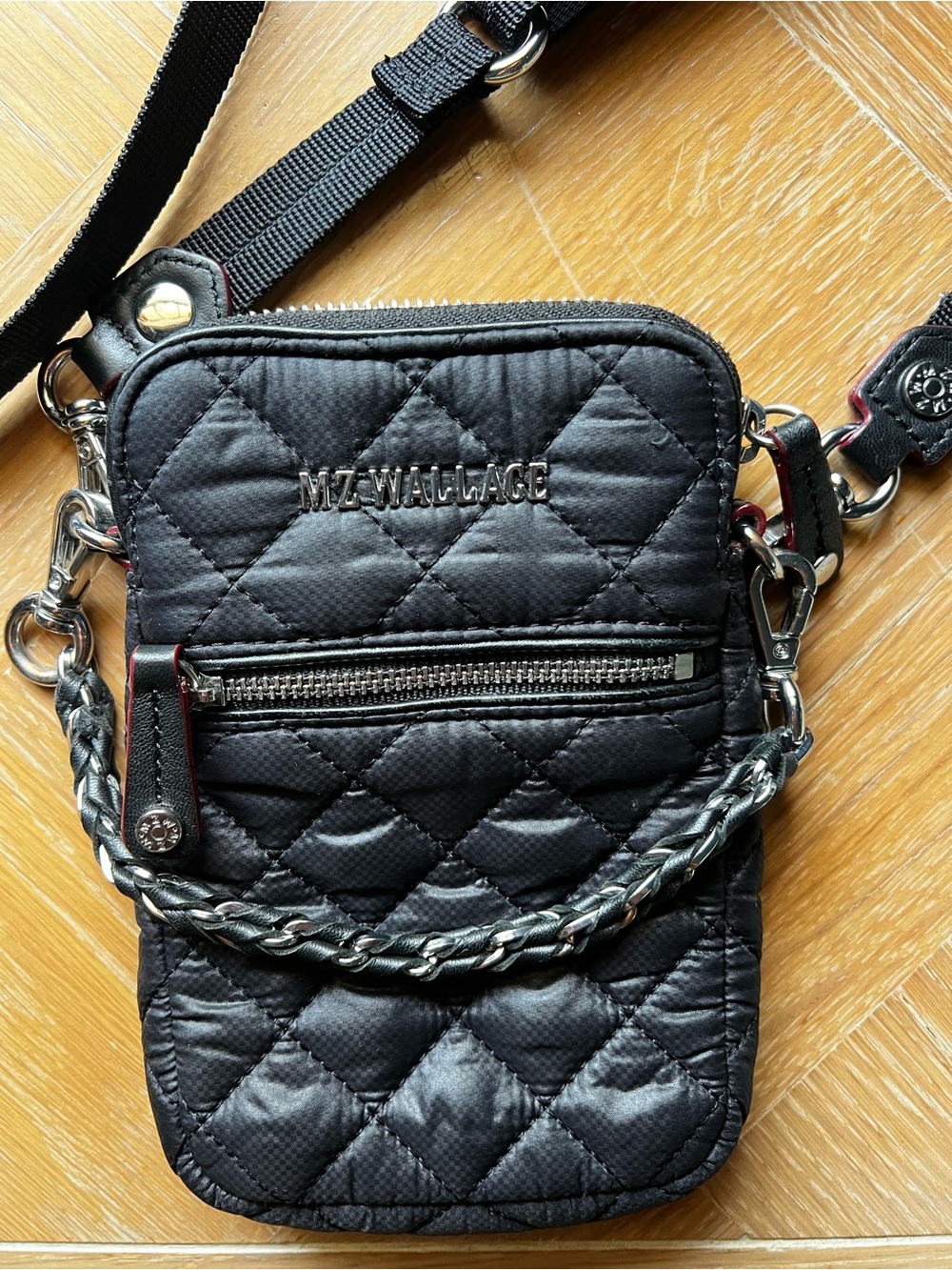 MZ Wallace Black Quilted Crossbody Belt Bag with Braided Chain